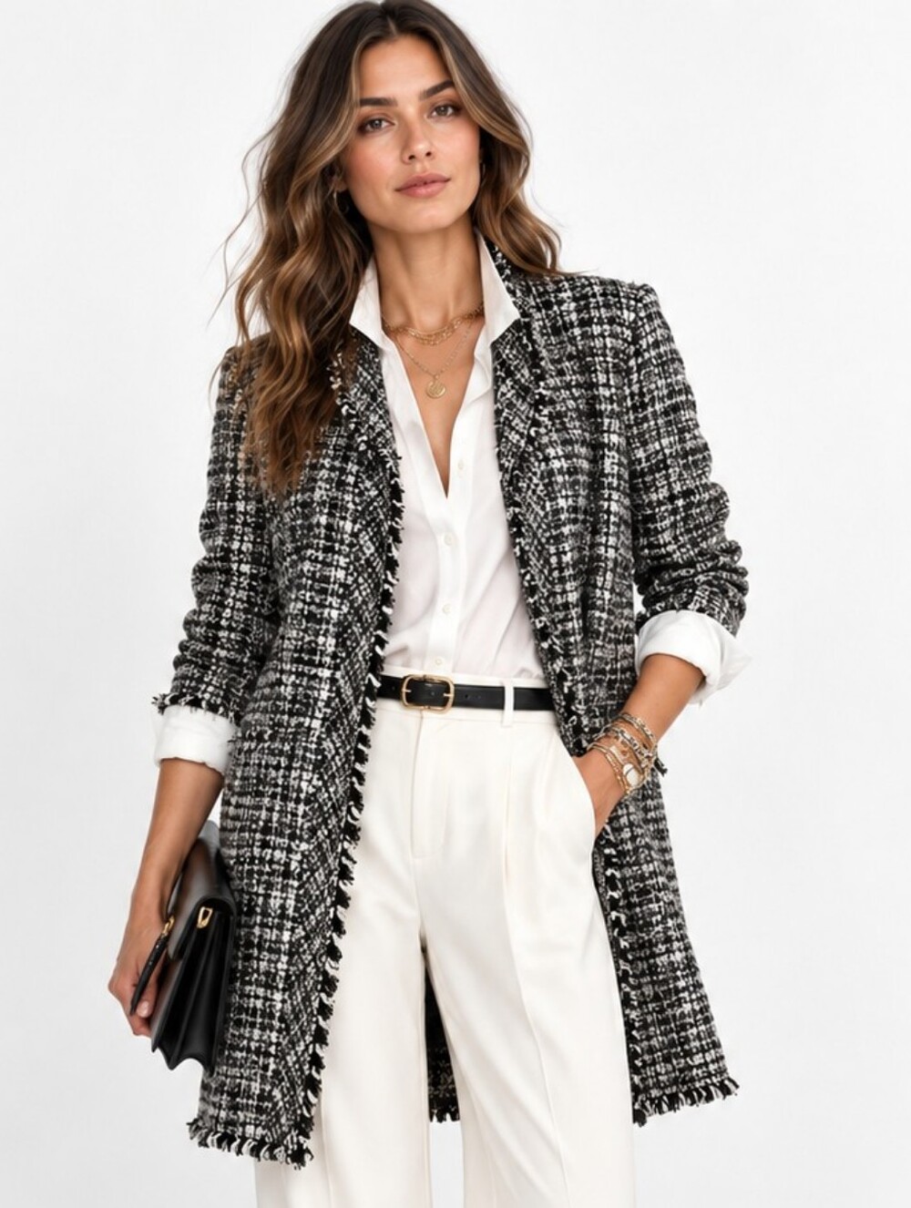 WHBM Tweed Long Coat Fringe Edging